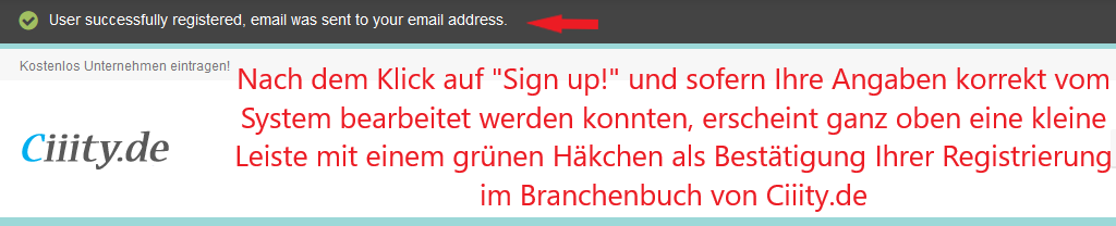 Registrierungsbestätigung für die kostenlose Registrierung im Branchenbuch und Firmenverzeichnis Ciiity.de!